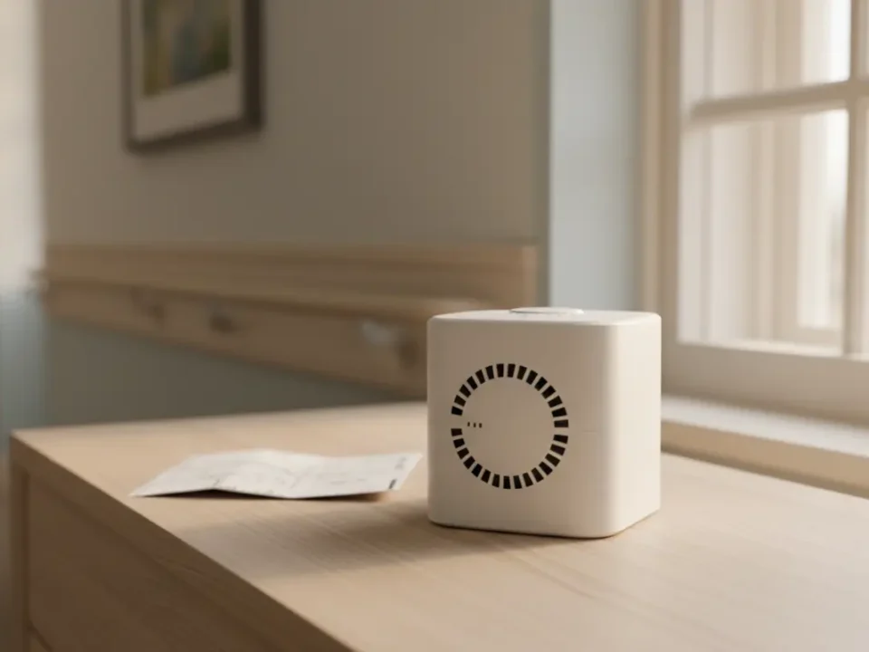 Smoke detector in a UK care home corridor with soft daylight, supporting fire alarm safety theme.