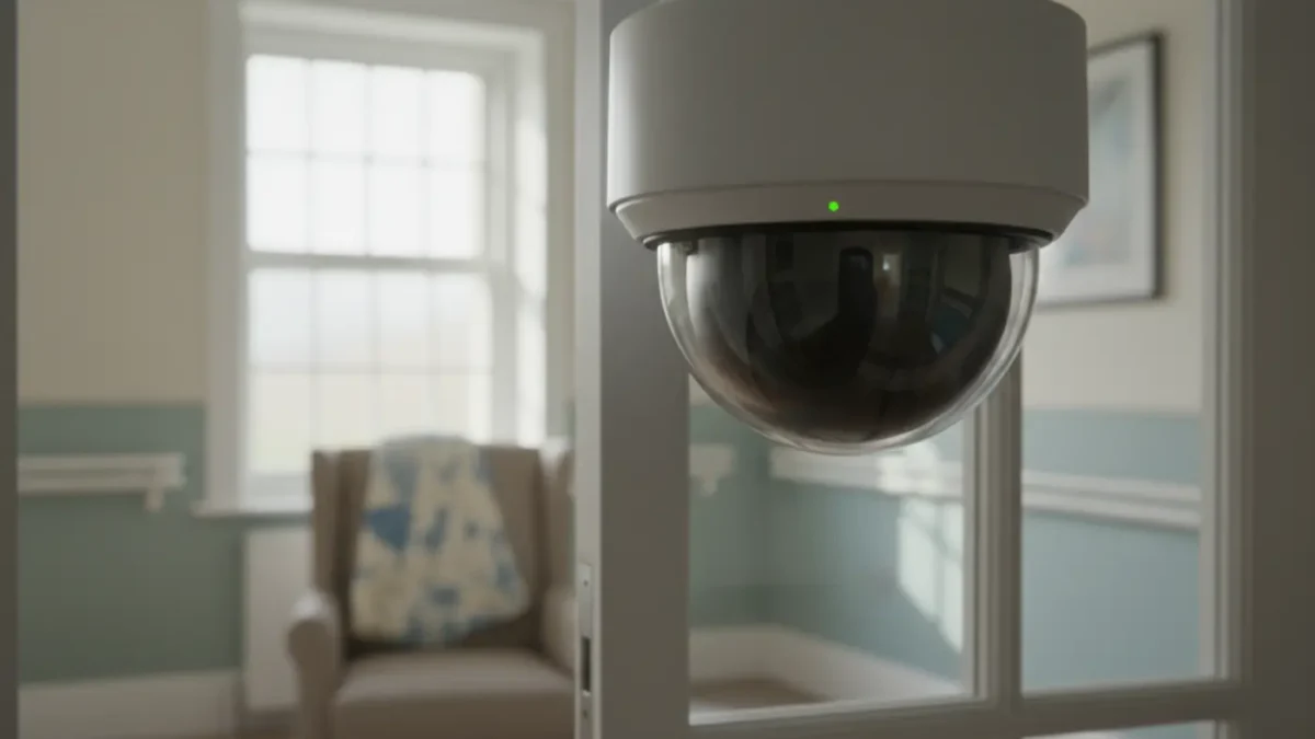 CCTV dome camera viewed through a care‑home corridor door in soft morning UK light.