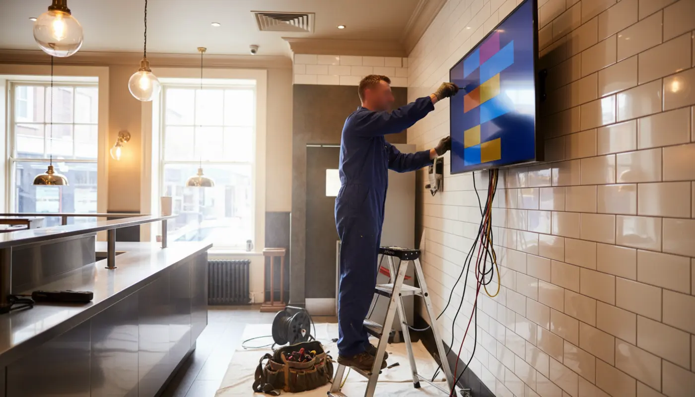 Digital menu boards installed above a restaurant counter in Manchester