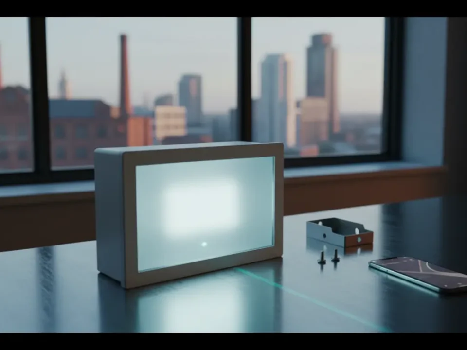 Emergency LED bulkhead light displayed on brushed steel near a Manchester office window for BS 5266 guidance.