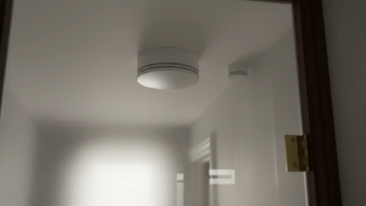 Smoke and heat alarms in a Manchester HMO hallway shown in a premium editorial style.