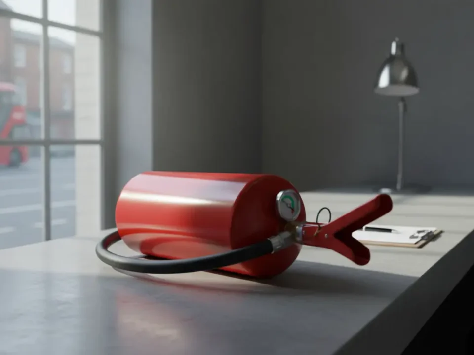 Fire extinguisher on concrete counter in Manchester office with soft daylight, BS 5306 theme.