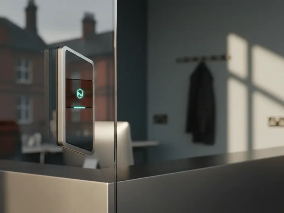 Intruder alarm keypad in a Manchester office with soft morning light, highlighting insurance-approved security.