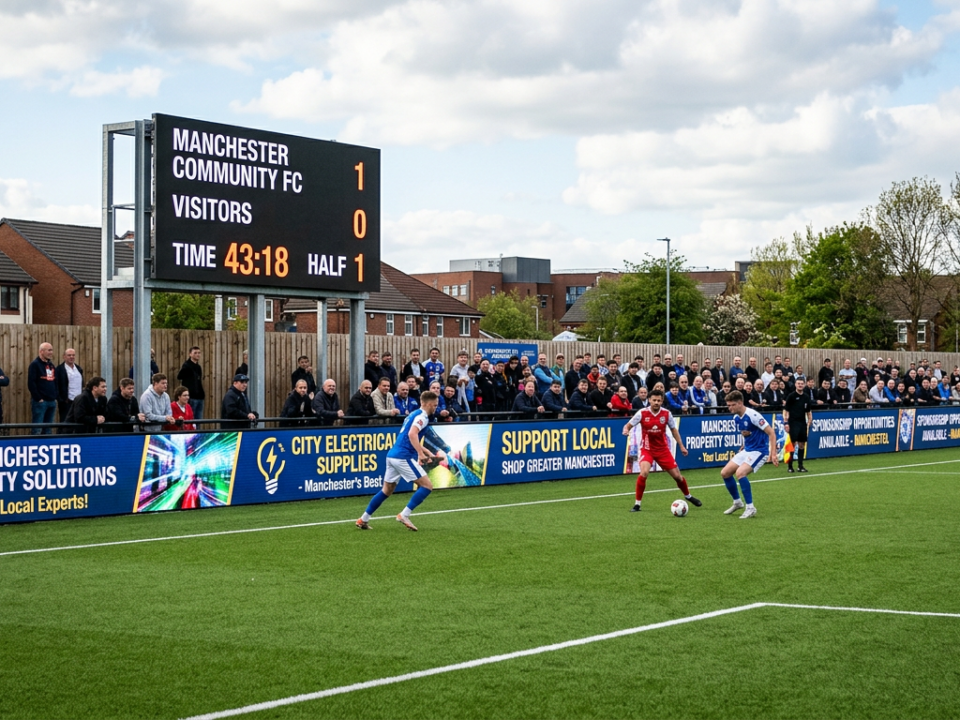 Outdoor modular LED football scoreboard beside a Manchester 3G pitch at dusk.